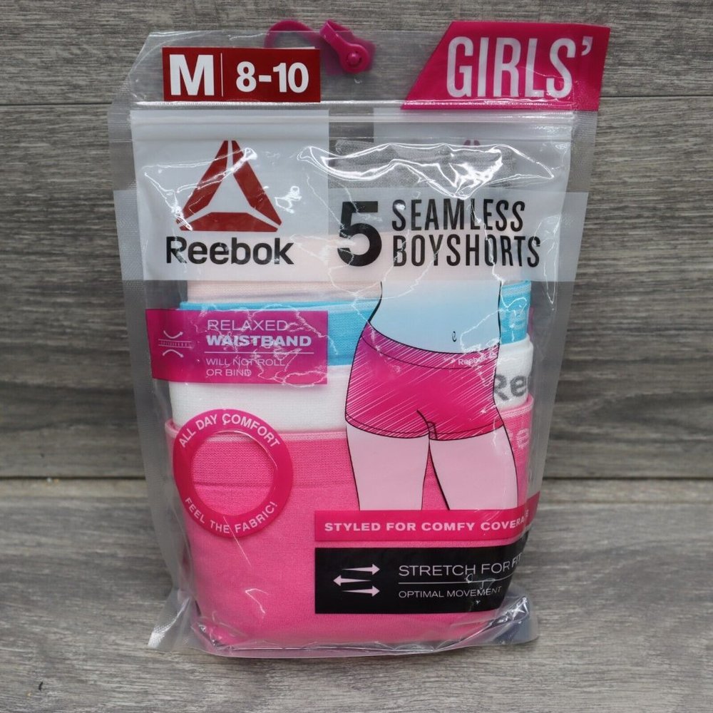 Reebok Boyshorts Girls Size M 8-10 Cotton Seamless 5-Pack Stretch Panties Nip